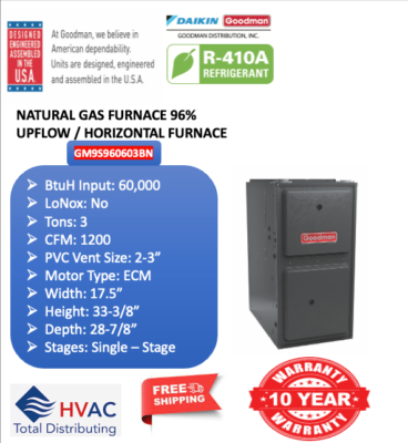 Goodman 96% AFUE 60,000 BTU Single Stage Upflow Gas Furnace GM9S960603BN